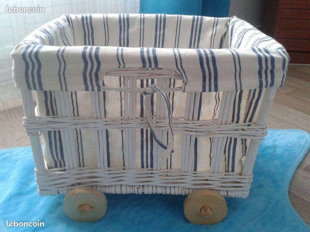 Jlv : Chariot sur Roulettes Bois en Rotin Blanc et Tissu (image 1)