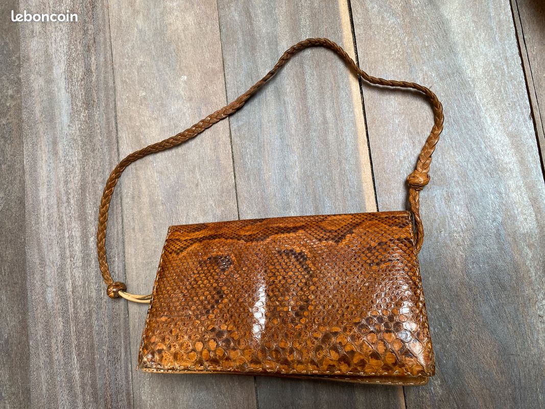 Grand Sac à Main Occasion Fausse Peau De Serpent Orange - Sac Bandoulière Ajustable - Excellent état