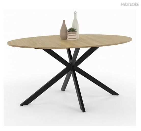 Table à Manger Ovale 150 cm – Plateau Effet Bois & Pied Araignée en Métal Noir – Style Industriel Loft – 8 Personnes (image 1)