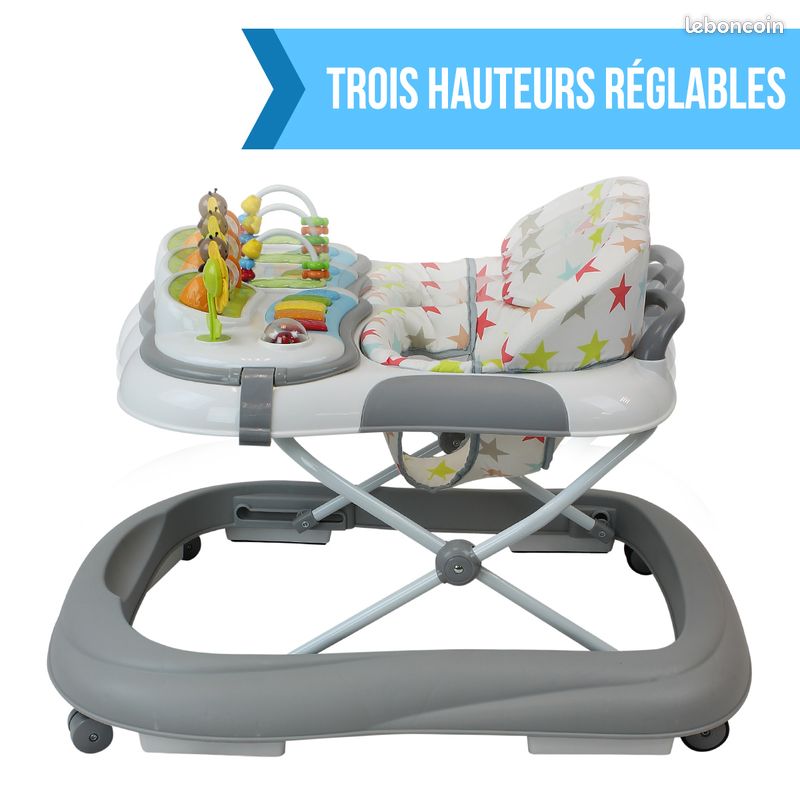 Trotteur bébé évolutif musical pliable réglable en hauteur - Gris - Monsieur Bébé - Mobilier enfant