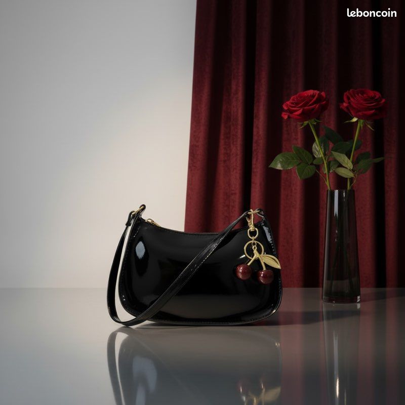 Sac baguette noir vernis + pendentif cerises 🍒tendance Y2K femme (image 1)