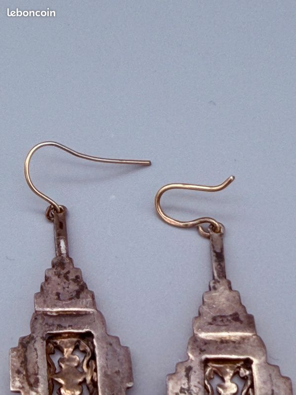 Boucles D'Oreilles Art Nouveau En Argent Massif - Pendantes Avec Clous - Style Ancien
