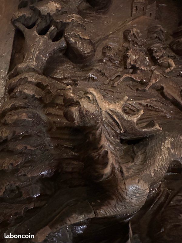 Ancien bas relief en bois sculpté - scène moyenâgeuse de chasse au cerf (image 6)