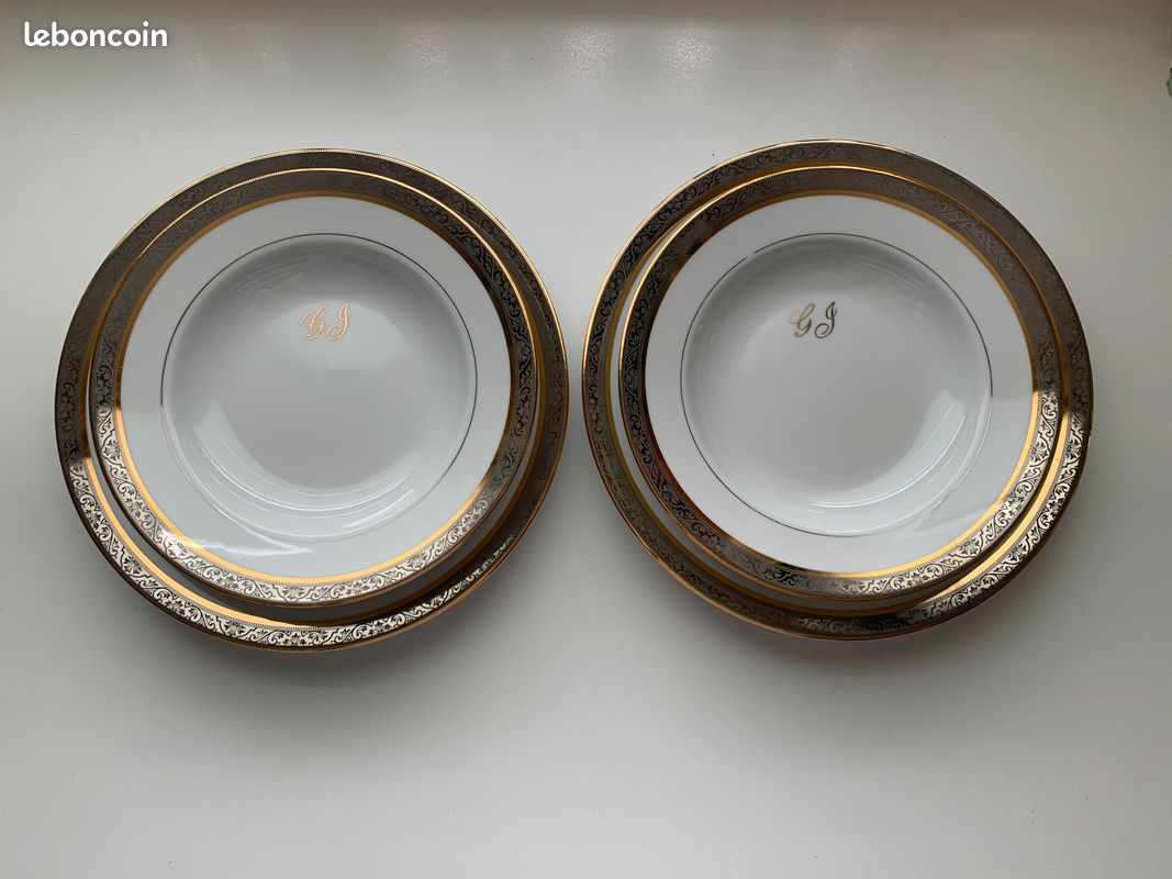 Limoges 2 dinner and 2 soup plates with GJ initials (image 1)