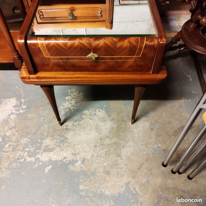 Magnifique chevet ou bout de canapé année 60 en bois de rose et marqueterie,4 pieds compas (image 19)