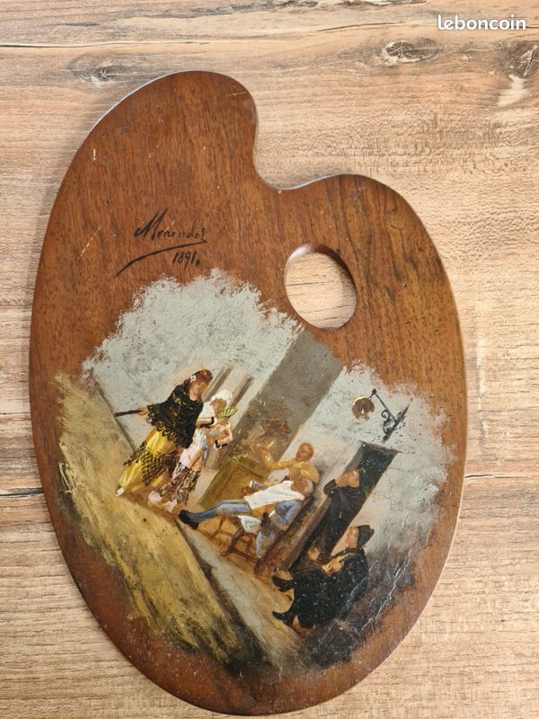 Peinture sur Palette de Luis Menendez Pidal 1891 "Barbier travaillant dans la rue" (image 1)