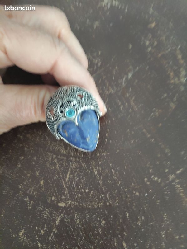 Bague visage lapis lazuli casque surmonté pierre topaze bleue sur argent 925 taille 57 (image 5)