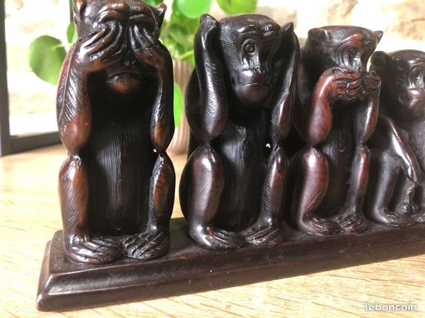 Plaque Murale Vintage - Les 4 Singes Sages En Cuivre Sur Bois - Qualité