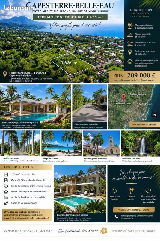 Terrain constructible 1 626 m² – Étude architecte – Capesterre-Belle-Eau · 209 000 €