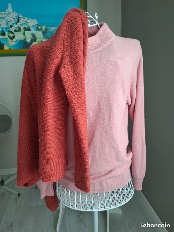 Pull Dégriffé En Laine Et Angora Rose - Taille L, Col Roulé - Occasion Très Bon état