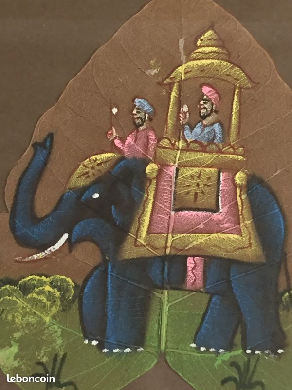 Tableau Peinture sur feuille de Figuier Séchée Oriental-insolite-Inde-populaire-persan-tibet-asie-asaitique-décoratif-vintage-art-artisanal- (image 6)