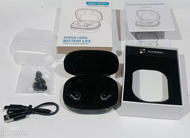 Écouteurs Sport Bluetooth 5.4 - 75h Autonomie, Réduction Bruit ENC, IPX7, Charge USB-C, LED - Pour Running, Android/iOS