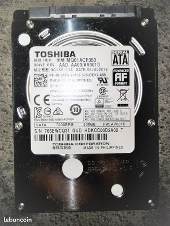 Disque Dur Interne Toshiba 500GB 2.5" SATA - Pour PC Portable, Occasion Fonctionnel