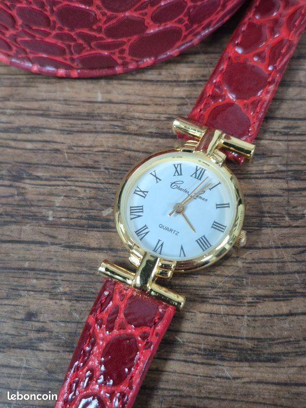 Réveil De Voyage Charles Leman - Étau Peau De Crocodile - Quartz - Doré - Vintage