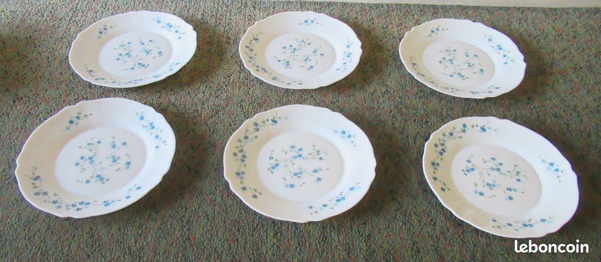 Lot De 6 Assiettes à Dessert Vintage Arcopal Années 70-80 – Décor Myosotis Véronica Bleu