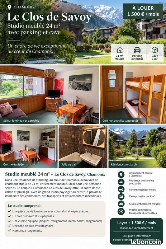Appartement 1 pièce 24 m² · à Chamonix-Mont-Blanc · 24 m² · 1 500 €/mois