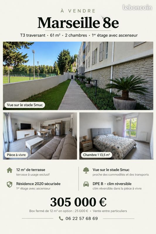 Appartement 3 pièces 62 m² · à Marseille · 61,5 m² · 305 000 €