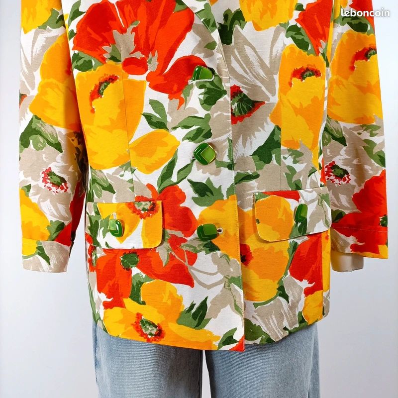 Veste Blazer Vert à Fleurs Gérard Pasquier Taille 40, 24% Lin, Occasion Très Bon état