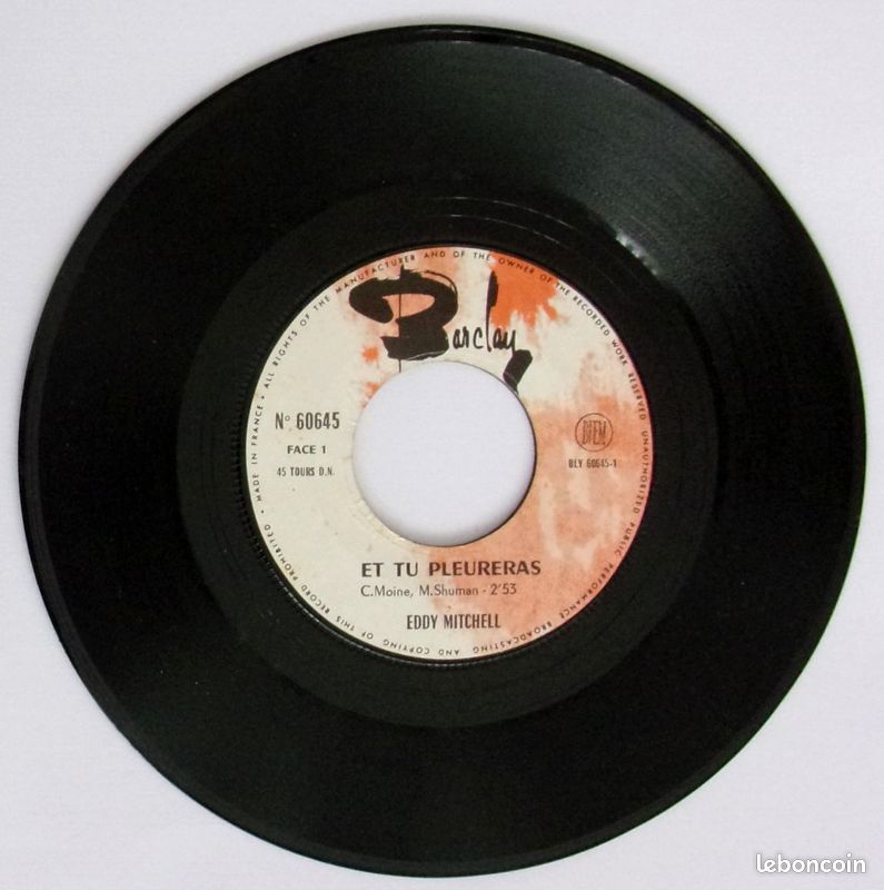 Disque vinyle 45 tours 2 titres EDDY MITCHELL ET TU PLEURERAS / TO BE OR NOT TO BE (image 1)