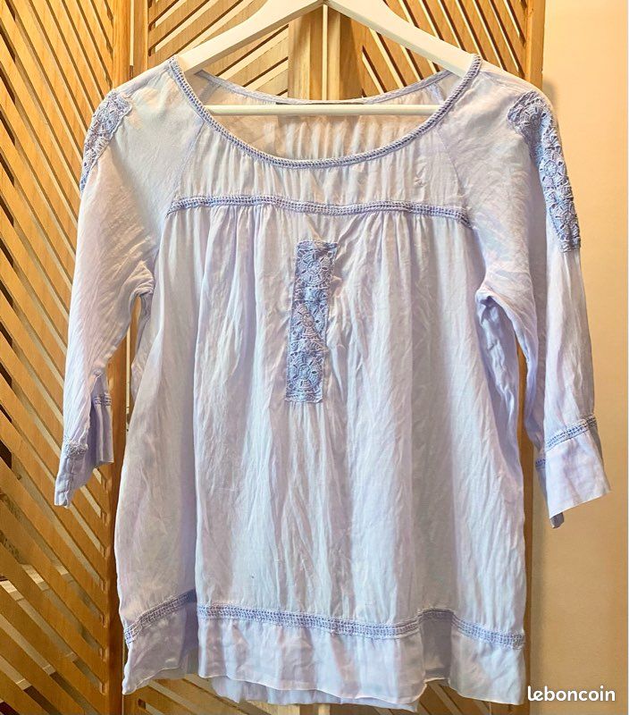 Blouse bohème voile de coton bleu ciel Zara 36/38 Vêtements