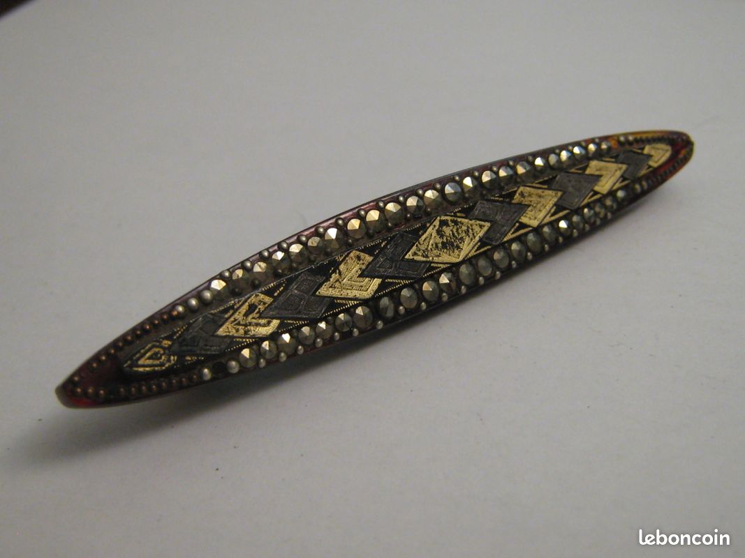 Broche De Deuil Art Déco Ancienne En Bakélite Noire Et Marcassites - Occasion Parfait état