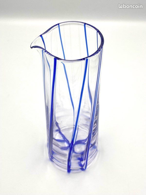 Pichet En Verre Bleu Givré Vintage - Orangeade / Verrerie - Occasion