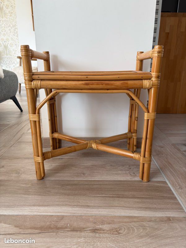 Table d appoint meuble banc bambou bois vintage (image 1)