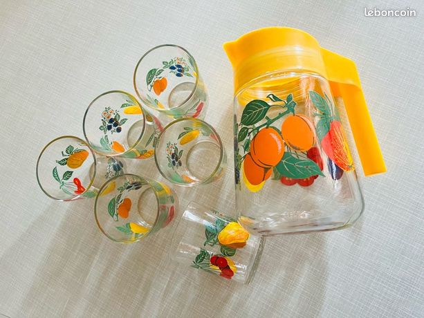 PRESENTOIR AVEC 6 verres à orangeade,soda,coloré vintage EUR 35,00