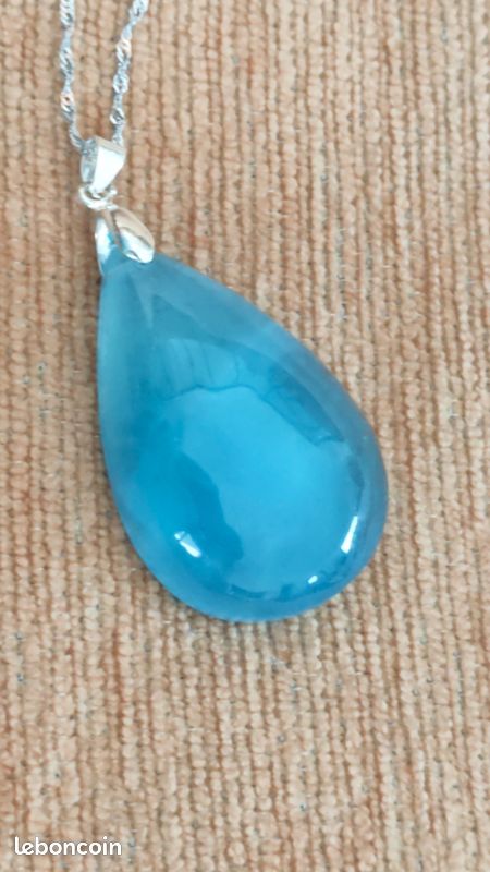 Collier En Argent Massif Avec Pendentif Aigue-marine - Longueur 41-45cm, Occasion, Pour Femme