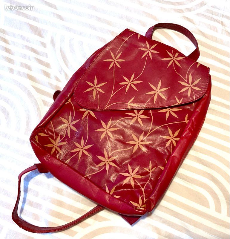 Petit Sac à dos cuir rouge et beige (image 1)