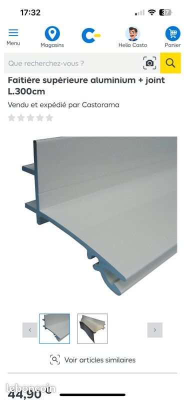 Faitière supérieure aluminium + joint L.300cm (image 1)
