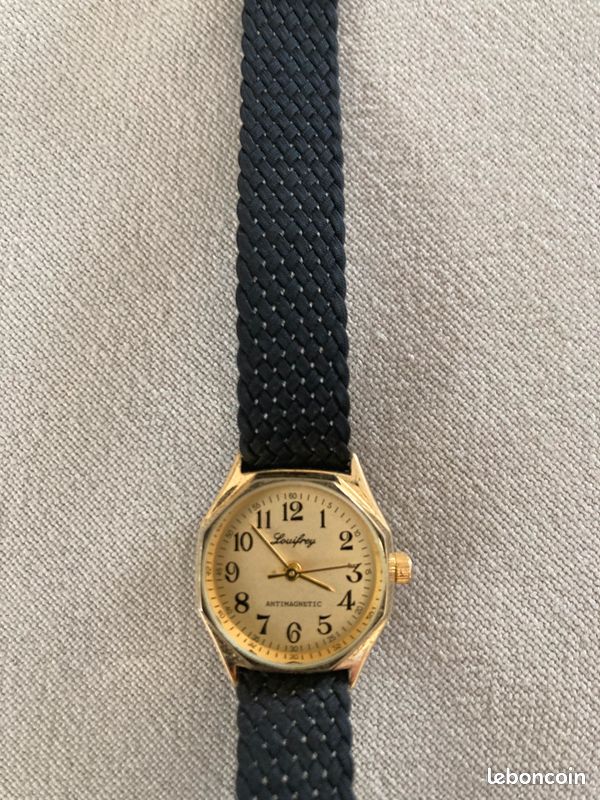 Montre Bracelet Vintage Louis Frey - Cadran Noir Et Doré, Mouvement Quartz, 17 Jewels, Pour Femme, Occasion