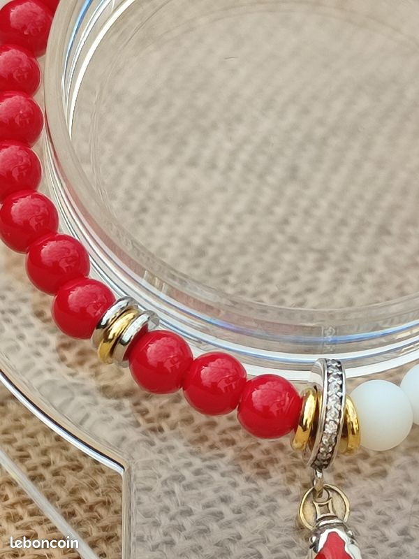 Bracelet JADE ROUGE/AGATE BLANCHE MATE - Carpe Koï - Pierres Naturelles et Breloque S925 (image 6)