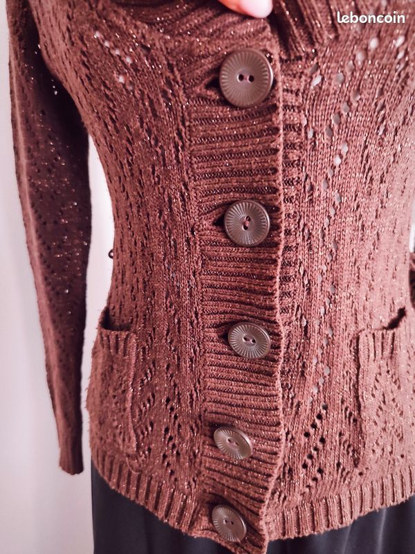 Gilet Yessica C&A marron cuivré pailleté – Taille S – Maille ajourée (image 6)