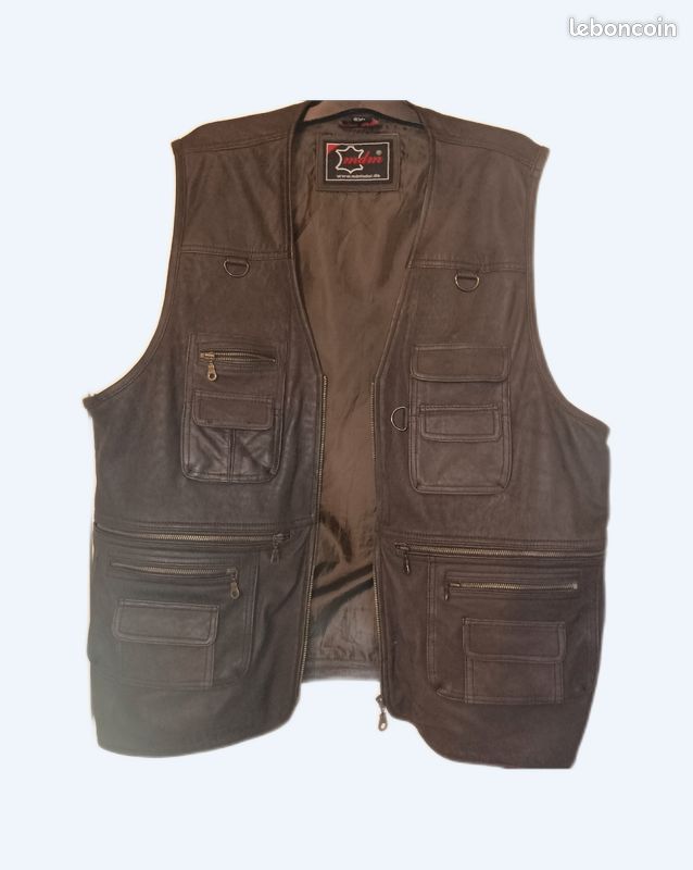 Gilet en cuir multi poches sans manches marron taille xl Vêtements