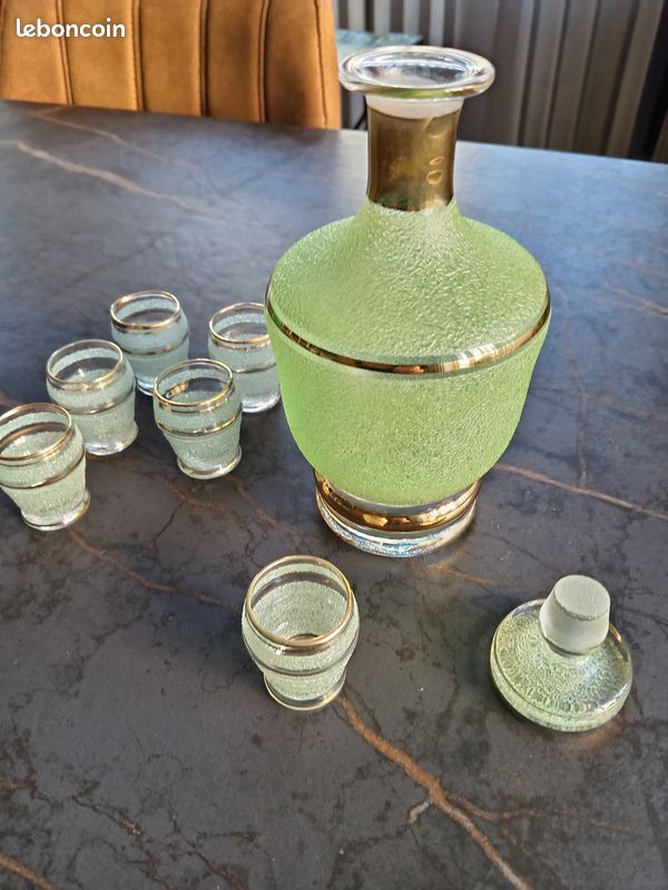 Service 9 Verres Granite Blanc Et Doré Vintage Années 60/70 - Verrerie Française Art Déco