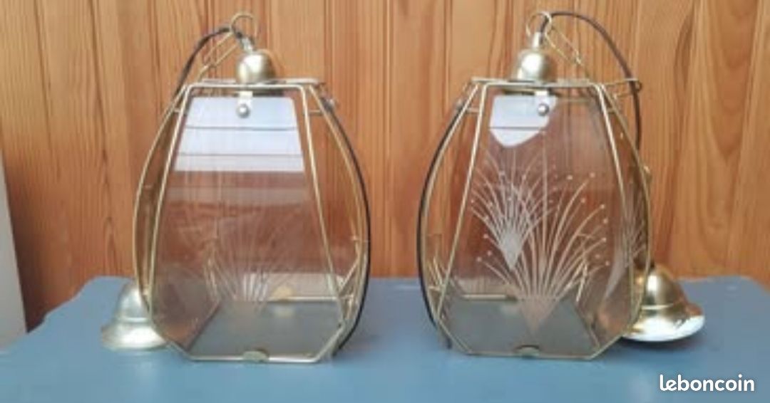 Lot 2 lustres vintage métal doré et verre fumé (image 1)