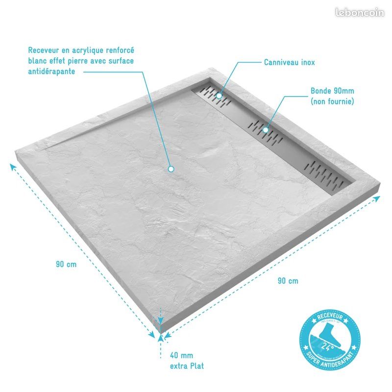 Receveur en acrylique Blanc Effet Pierre 90x90x4 cm – Grille Linéaire Chrome – MOON (image 2)