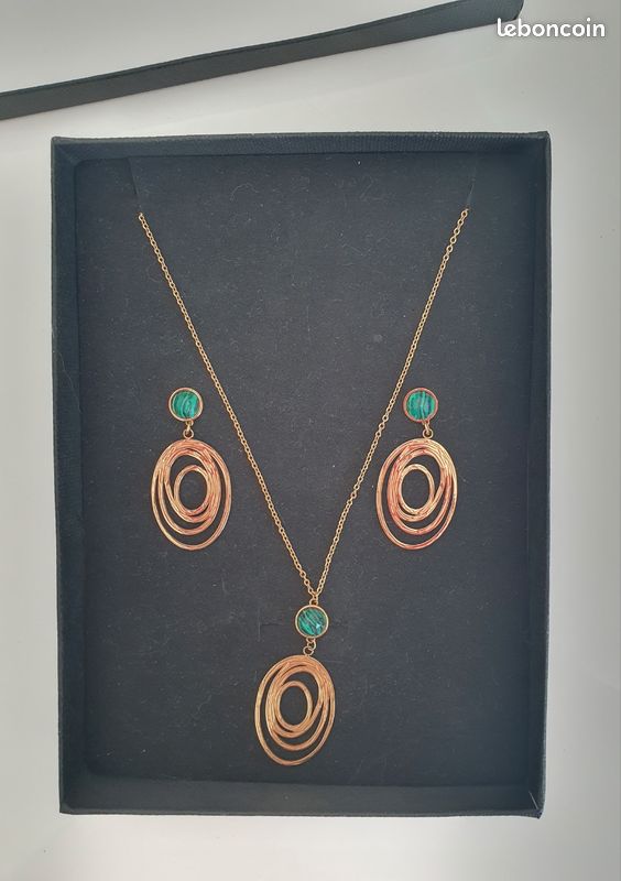 Parure Neuve collier pendentif et boucles d'oreilles Acier et Malachite (image 13)