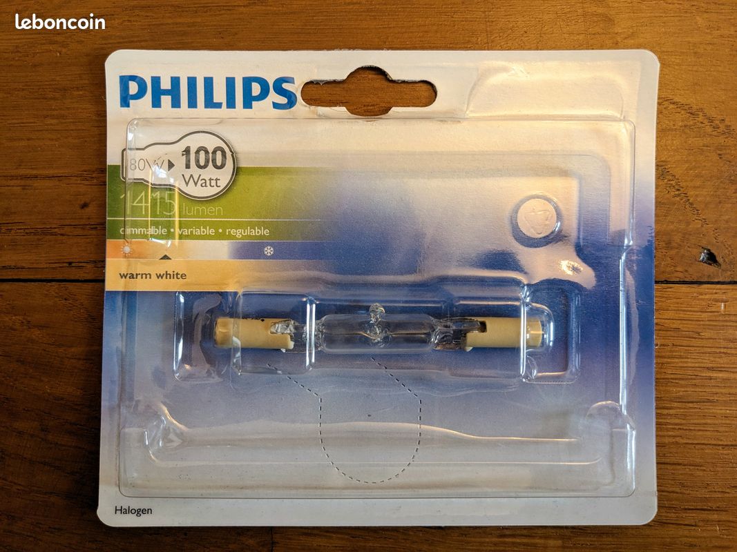 Ampoule halogène Philips 80W (1415 Lumens) blanc chaud (2900K) format R7S 75mm (image 1)
