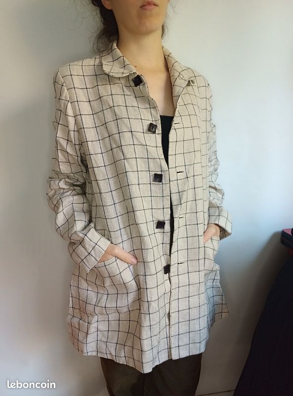 Veste chemise mi-longue motifs carreaux lin Cyrillus vintage