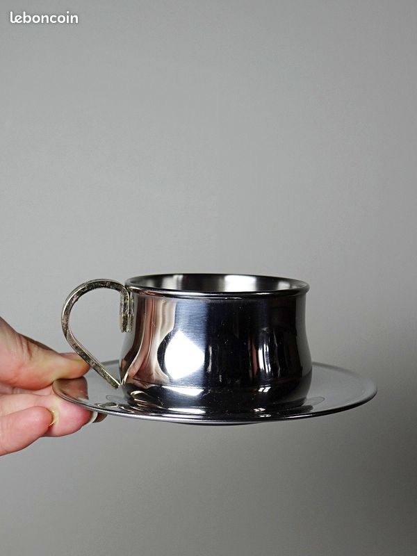 Lot de 2 tasses avec soucoupes et 1 sucrier en inox, Inoxriv, Italy