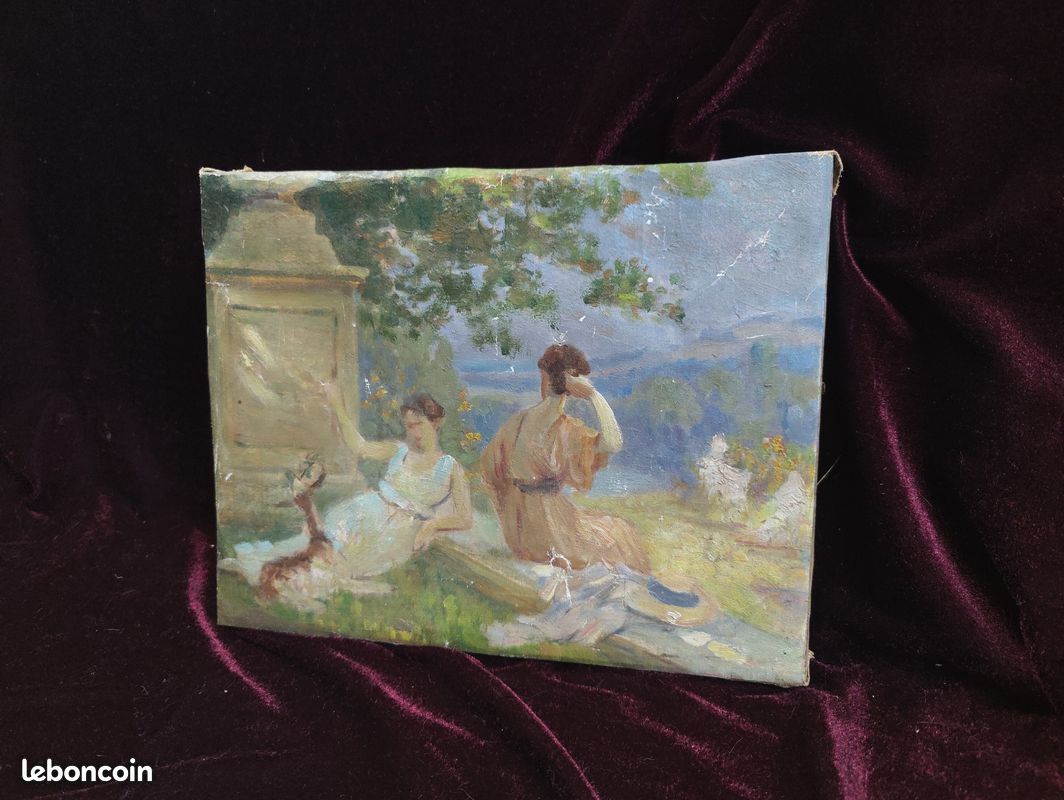Petit Tableau Ancien Peinture Huile HST Ecole de Barbizon Paysage Campagne Scene de Genre Elegante Art Nouveau Belle Epoque Annee Folle Esquisse Pochade Chevre Chien Animal Animaux XIX 19 XX 20 (image 3)