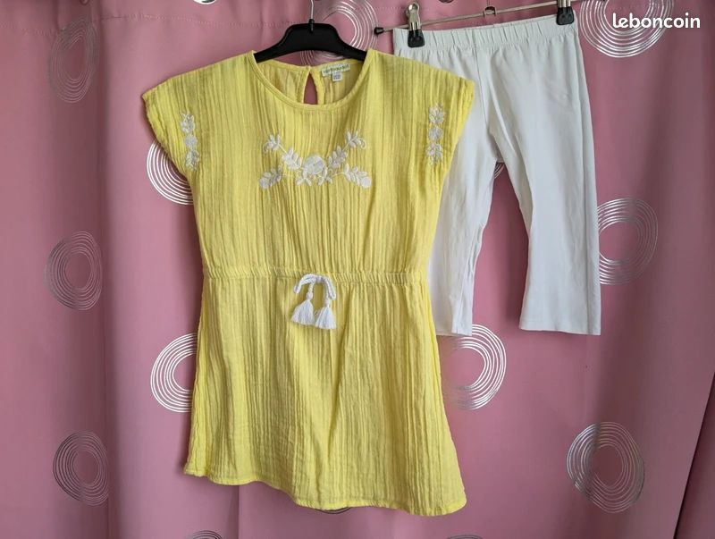 Ensemble été Verbaudet robe jaune brodé et legging short blanc 6 ans (image 10)