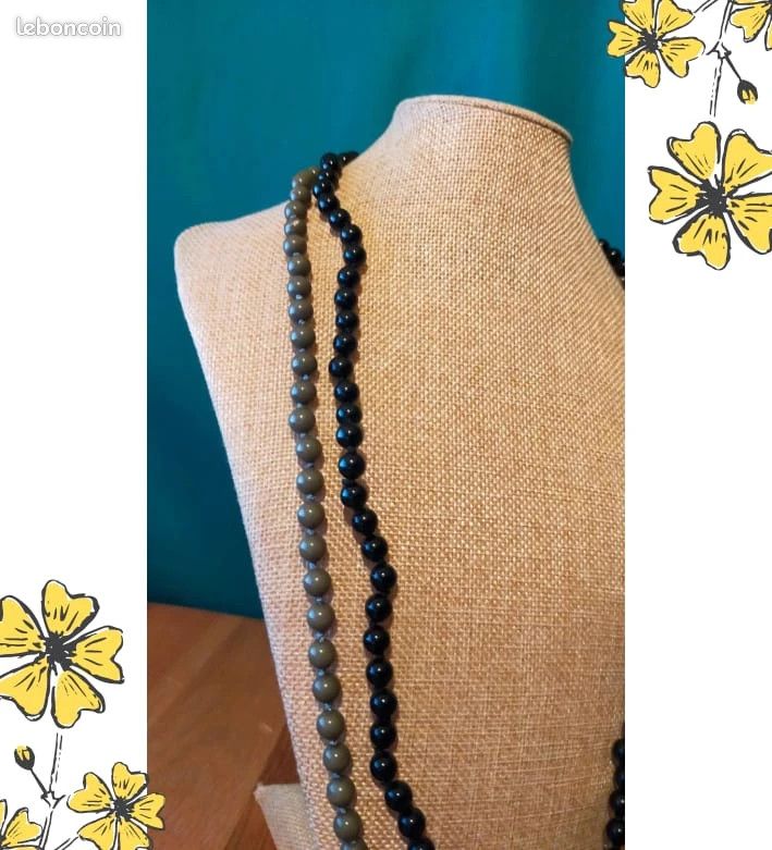 Collier Vintage Perles Verre Porcelaine - Noir, Quartz Fumé, Or - Modèle 4037 - Occasion Bon état