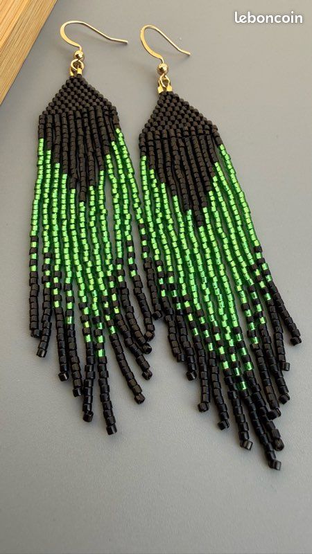 Boucles d'oreilles longues élégantes chic 10 cm - noir/vert Miyuki fait main (image 3)
