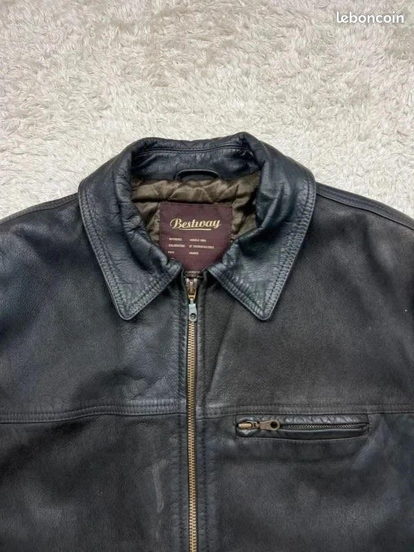 Blouson cuir vintage Bestway marron foncé poches inclinés taille L homme (image 3)