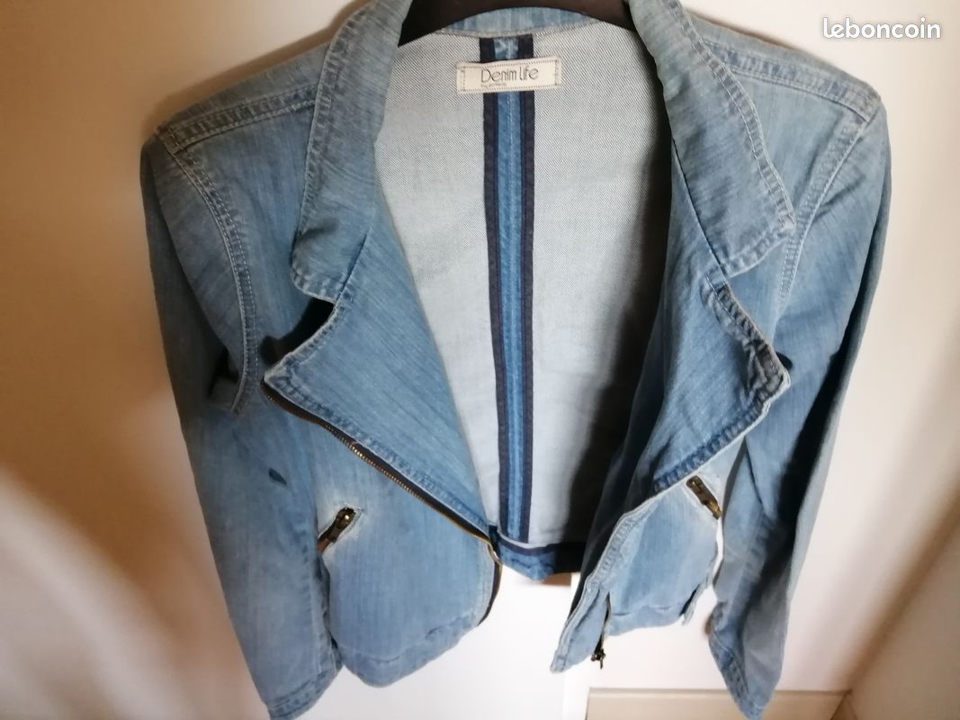 Veste Blazer Jean Gris Clair Sandwich - Taille 38, Occasion Très Bon état, Non Doublée