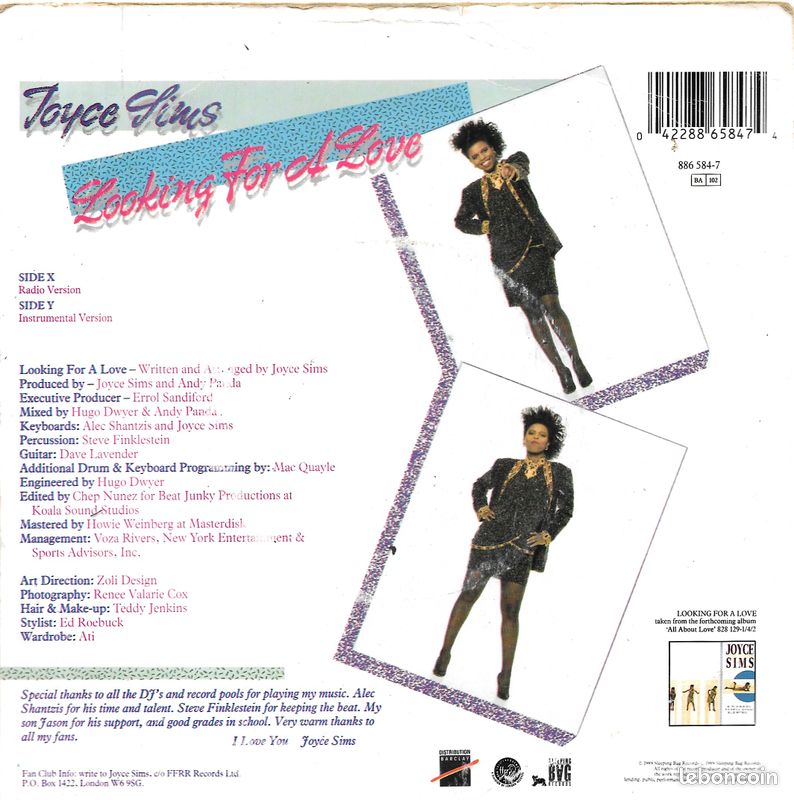 Joyce Sims : Looking For A Love (Radio Mix & Instrumental Mix) [Vinyle 45 Tours 7"] 1989 (image 2)