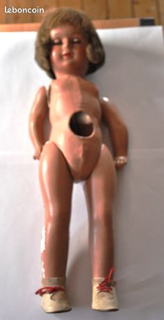 Rare Poupée Ancienne En Carton Bouilli – Jouet Mécanique Vintage Bois
